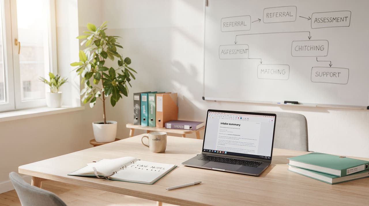 Ljust kontor i morgonljus med ett skrivbord, öppet anteckningsblock och laptop, en grönväxt vid fönstret och en whiteboard med en processkarta i bakgrunden