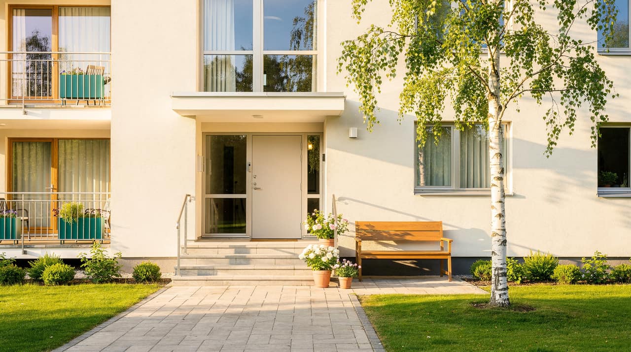 En ljus svensk flerbostadshusentré i morgonljus med en öppen ytterdörr, några stentrappsteg med krukväxter, en träbänk och en björk på en solig gård.