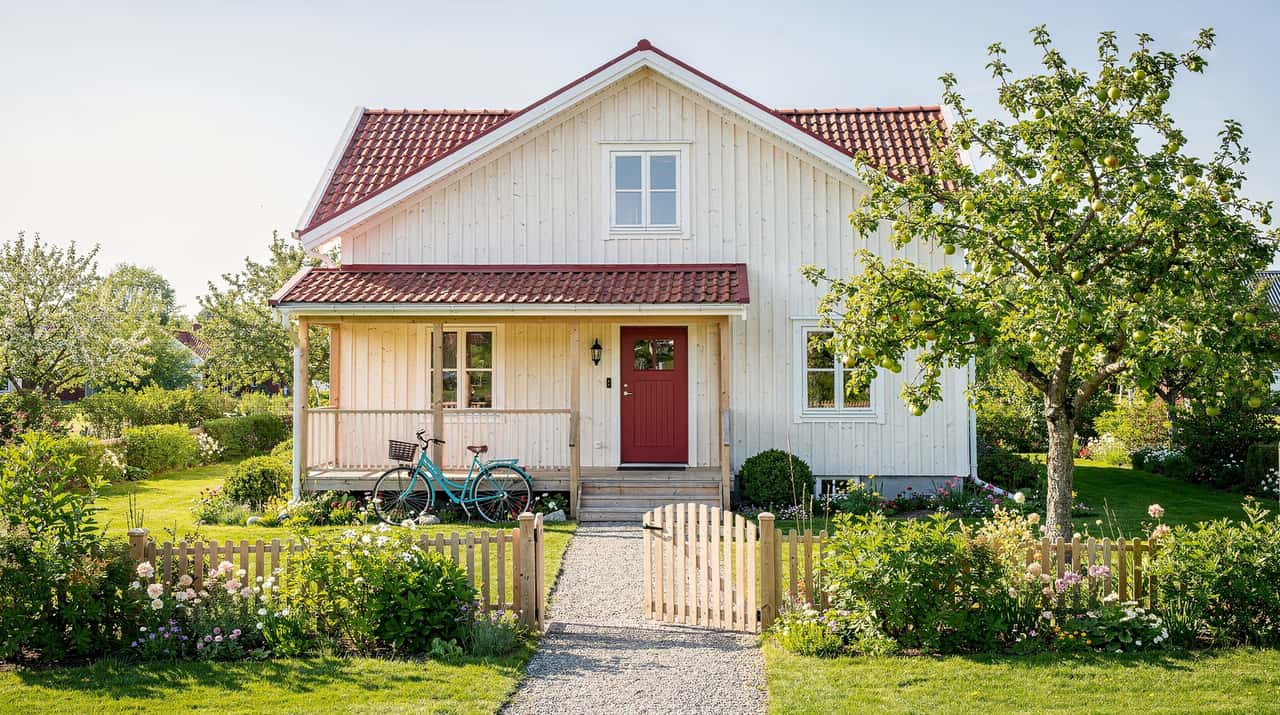Ett ljust svenskt trähus i morgonljus med en trädgård, en grusgång och blommande rabatter
