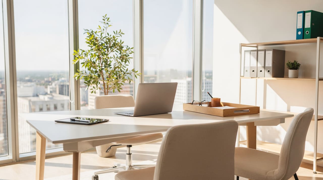 Ljust modernt kontorsrum med öppet laptop och tablet på ett rent skrivbord, morgonljus från höga fönster
