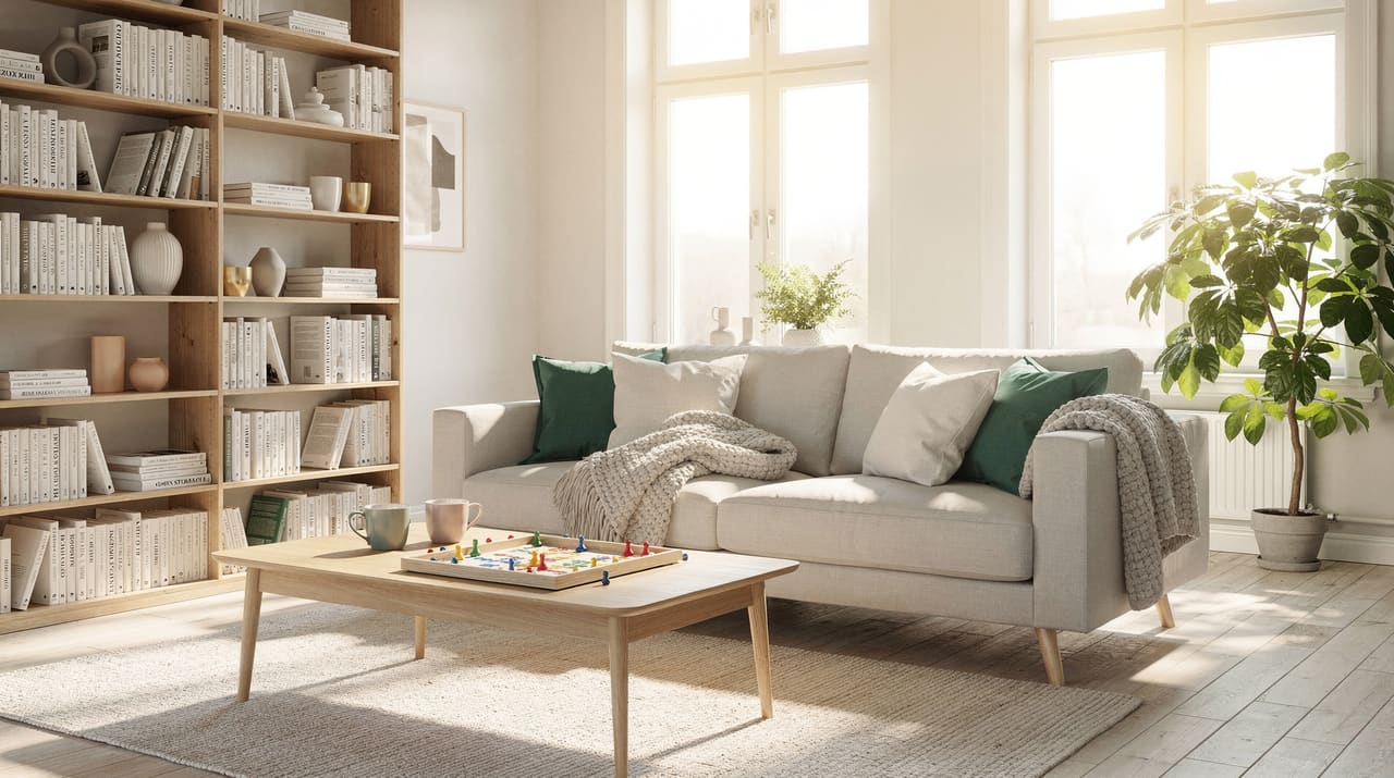 Ett ljust svenskt vardagsrum i morgonljus med en soffa, en stickad pläd, ett brädspel på soffbordet och en grönväxt vid fönstret