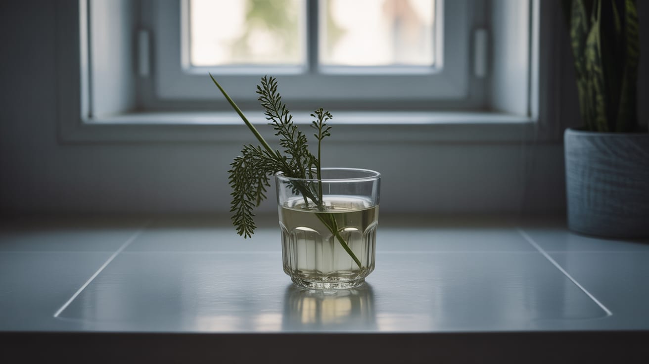 En barntandborste i ett glas på en badrumsfönsterbräda i mjukt morgonljus
