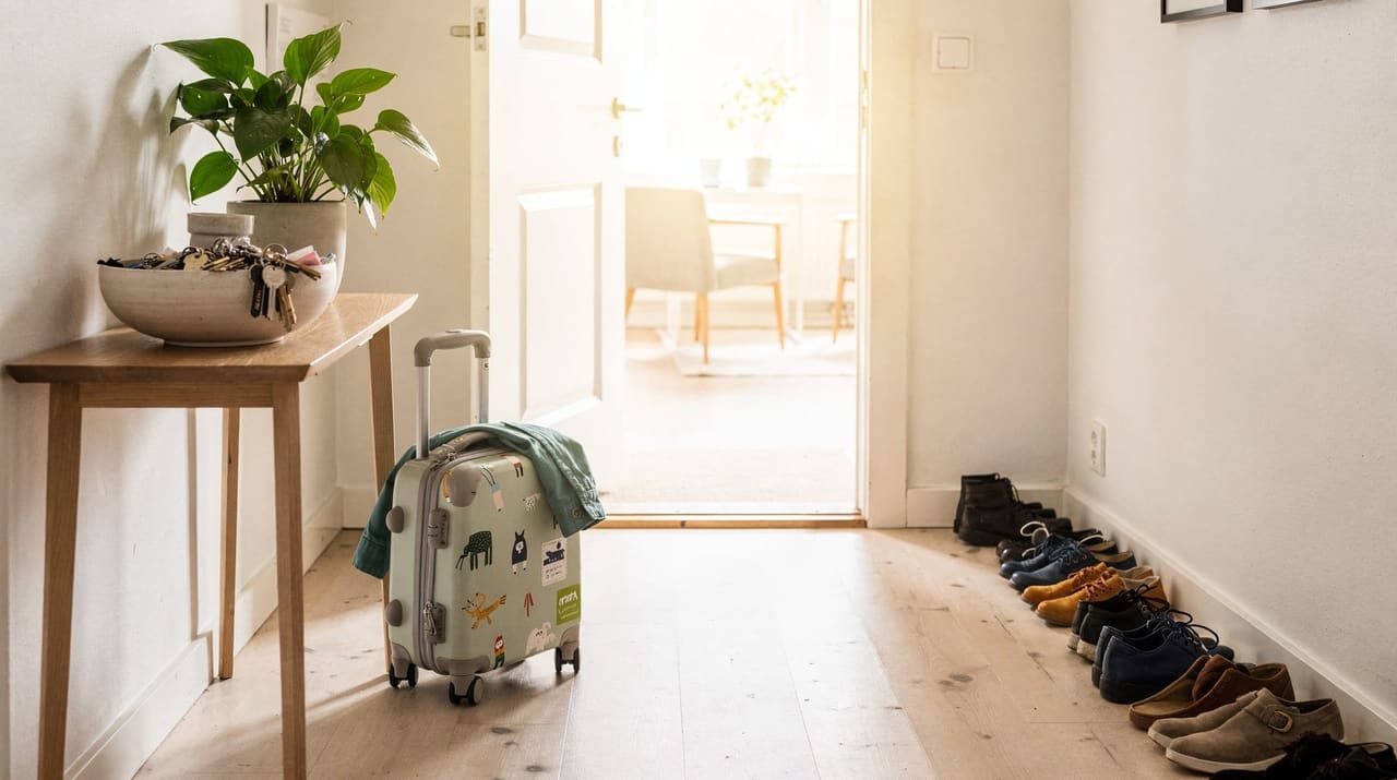 En ljus svensk hall sedd inifrån med en liten barnväska och en vikt jacka vid en öppen ytterdörr där morgonljus faller in över golvet, en avlastningsbänk med nycklar och en grönväxt