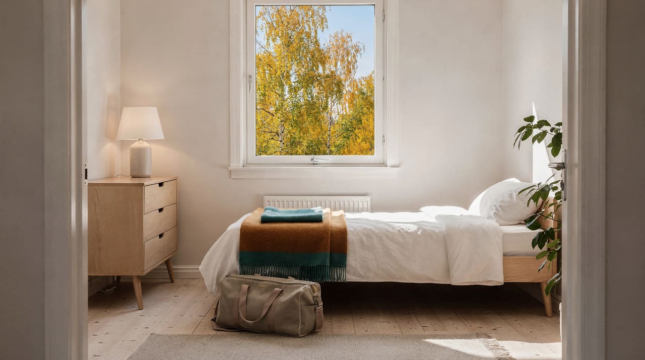 Ett ljust litet sovrum i morgonljus med en nybäddad säng, en packad bag på golvet, en byrå med en lampa och ett fönster mot björkar i höstfärger
