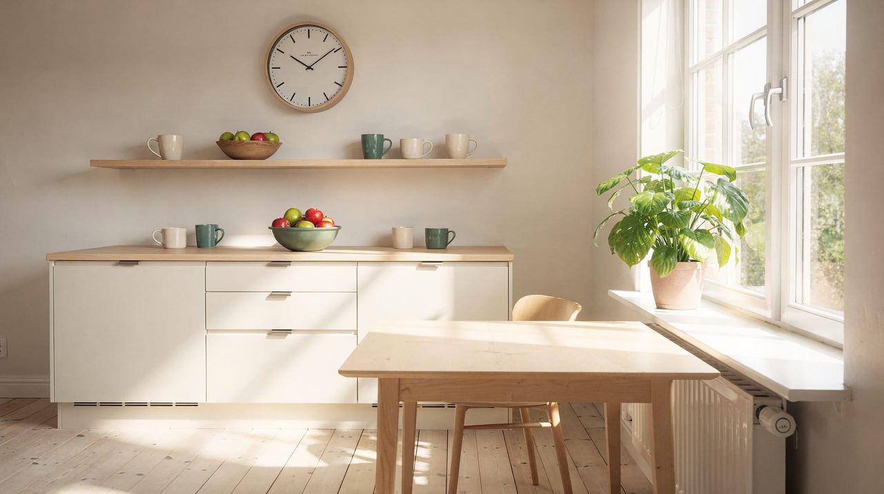 Ett ljust svenskt kök i morgonljus med en rund väggklocka, ett fönster med en grönväxt och en skål med äpplen på en träbänk
