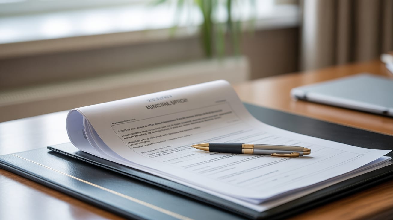 En stapel dokument och en penna på ett skrivbord i ett kommunkontor