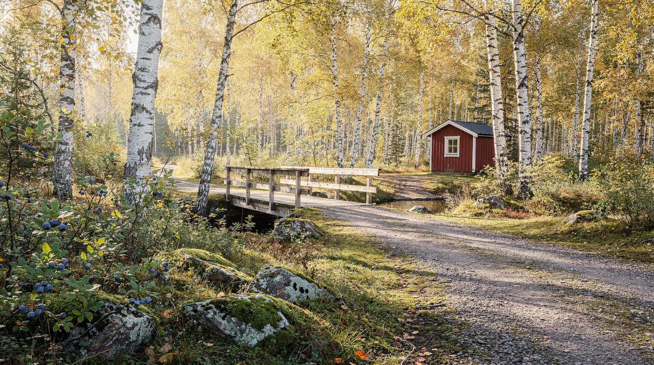 En ljus björkdunge i morgonljus med en grusstig, blåbärsris, en liten träbro över en bäck och en röd bod längre bort