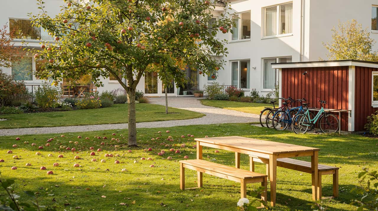 En solig trädgård bakom ett svenskt vård- och boendehus med ett äppelträd, en träbänk, cyklar vid en röd bod och en grusgång upp mot huset