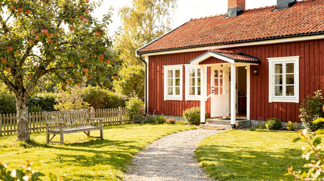 En grusgång leder fram till ett falurött trähus med vita knutar, ett äppelträd och en trädgårdsbänk vid den öppna dörren i klart morgonljus