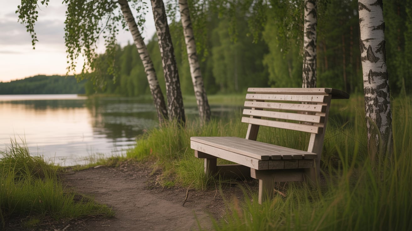 En sliten träbänk vid en stilla sjö i tidigt svenskt sommarljus