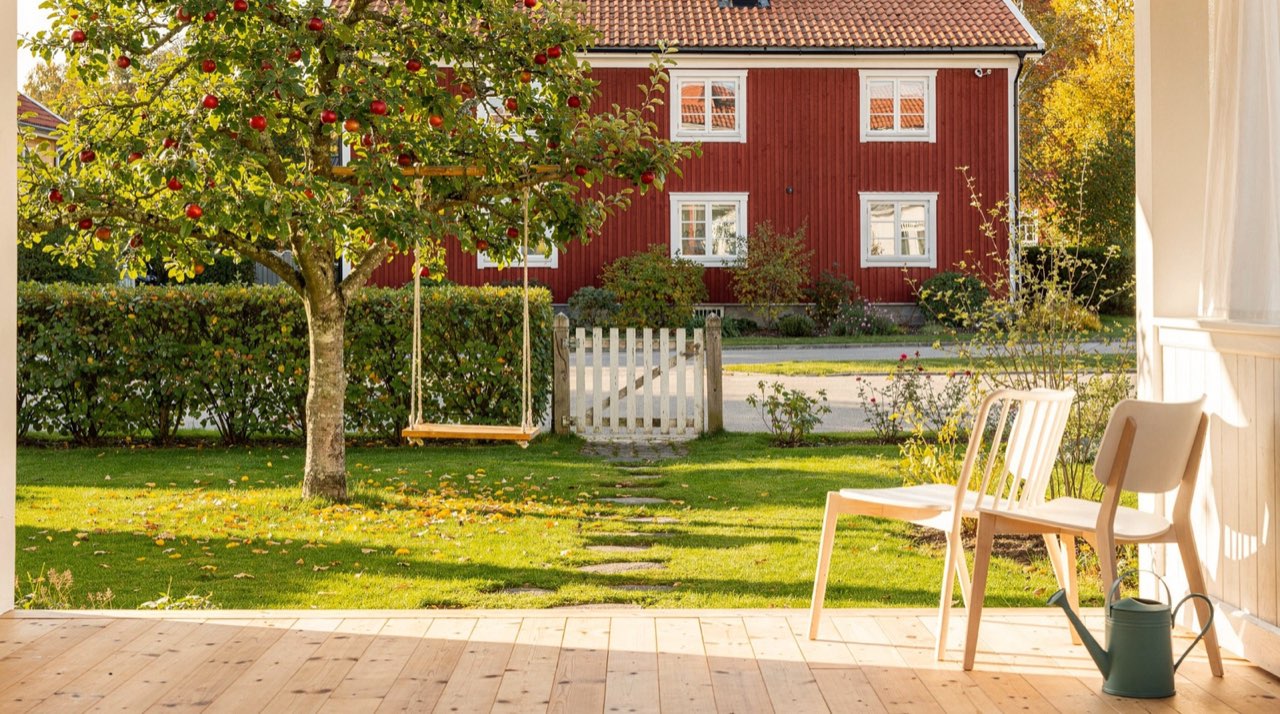 En solig villaträdgård på hösten med ett äppelträd, en trägunga, en grind som står öppen och en veranda med stolar