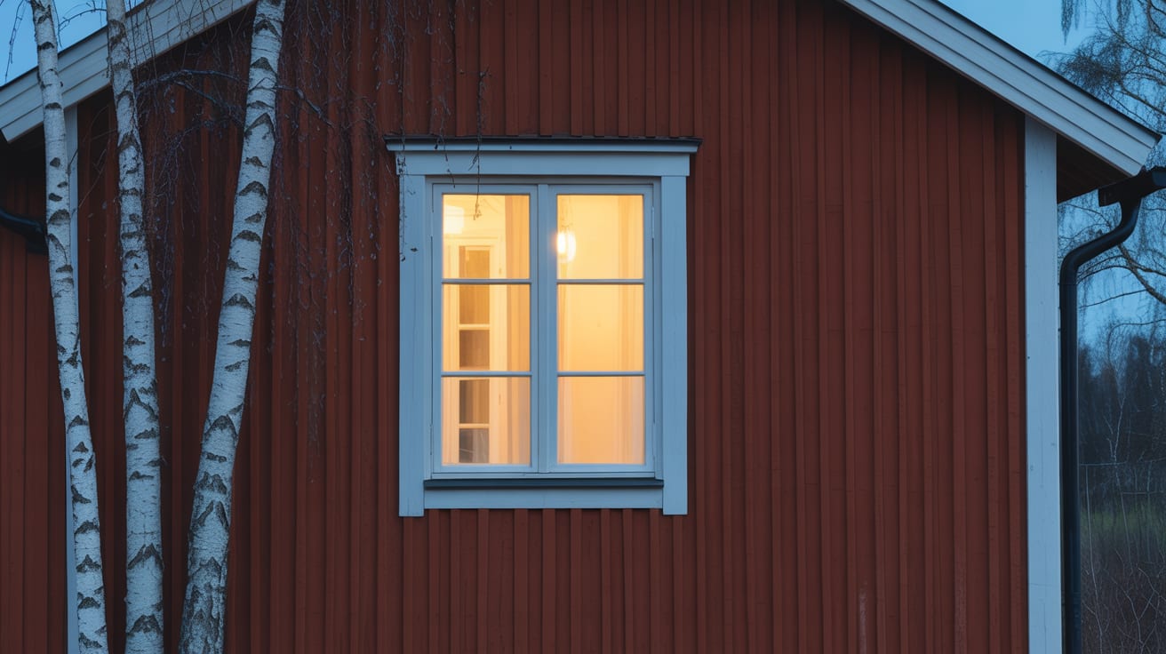 Ett varmt upplyst fönster i ett rött trähus i svensk skymning