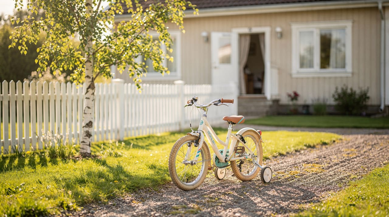 En barncykel med stödhjul på en solig grusgång i en ljus svensk trädgård med vitt staket, en björk och ett trähus med öppen dörr i bakgrunden i morgonljus