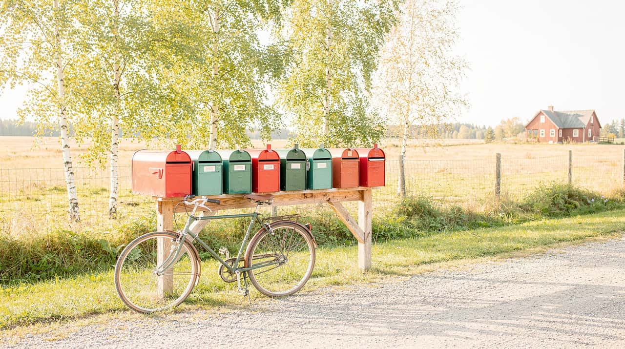 En rad röda och gröna lantbrevlådor på ett trästativ vid en grusväg i morgonljus, med en cykel lutad mot stolpen och björkar bakom.