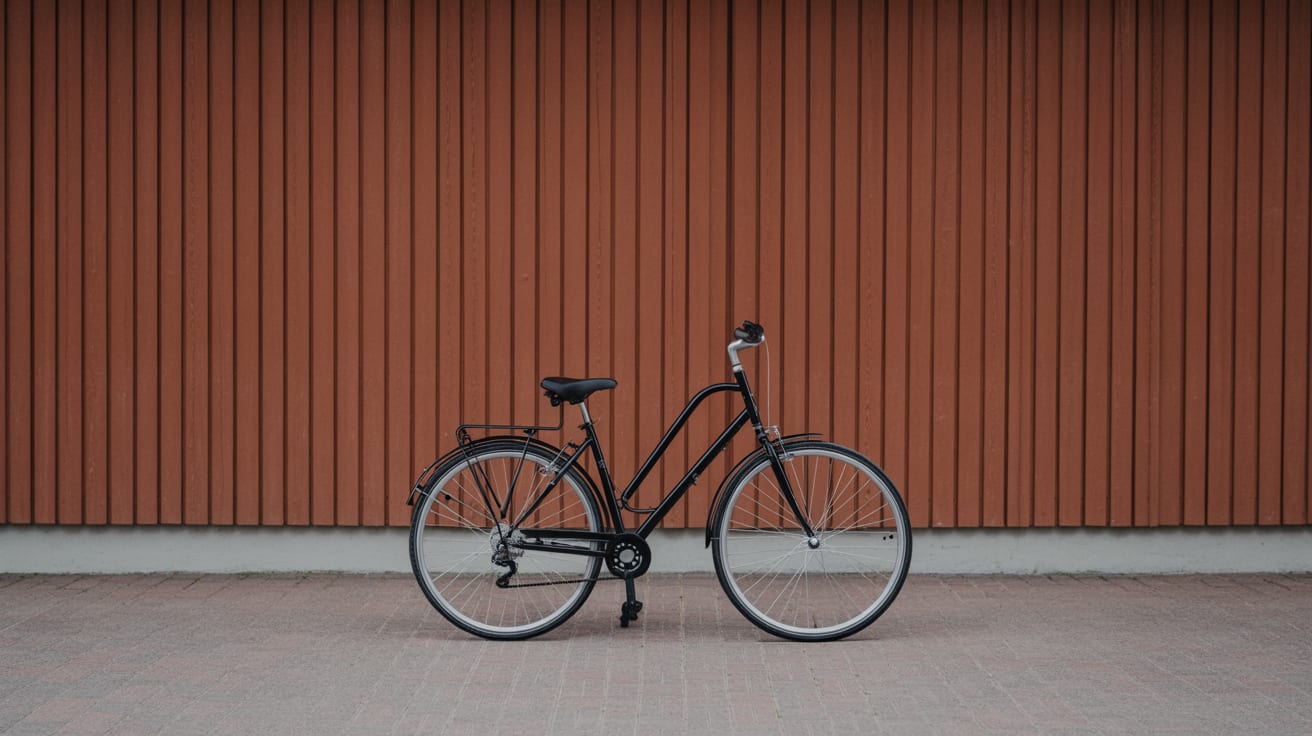 En barncykel med korg lutad mot ett trästaket utanför en skolgård i mjukt svenskt höstljus