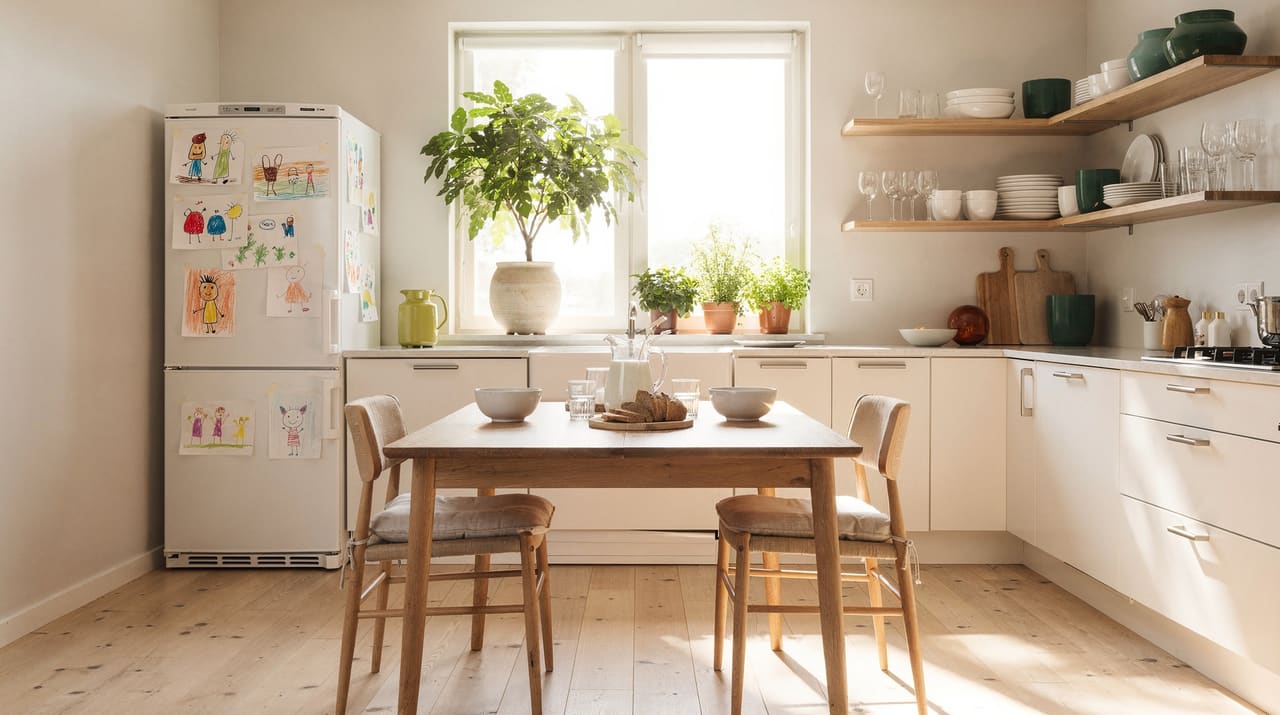 Ett ljust svenskt kök i morgonljus med ett köksbord dukat för frukost, två små stolar tätt intill varandra, barnteckningar på kylskåpet och krukväxter i fönstret