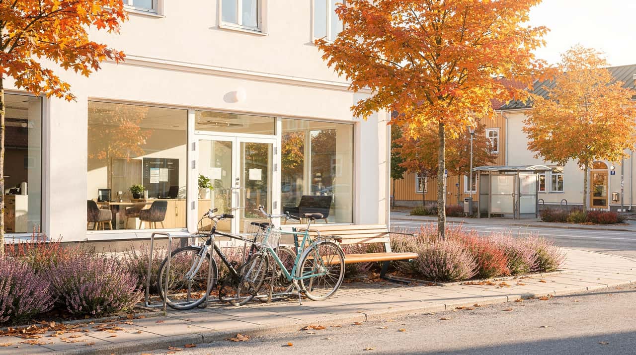 En solig gata i en svensk småstad en höstmorgon med en kontorslokal i gatuplan, cykelställ, en bänk och lönnar i orange löv