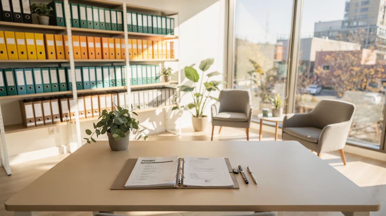 Ljust och välorganiserat socialkontor med skrivbord, tillståndspärm, checklista och höga fönster som släpper in morgonljus