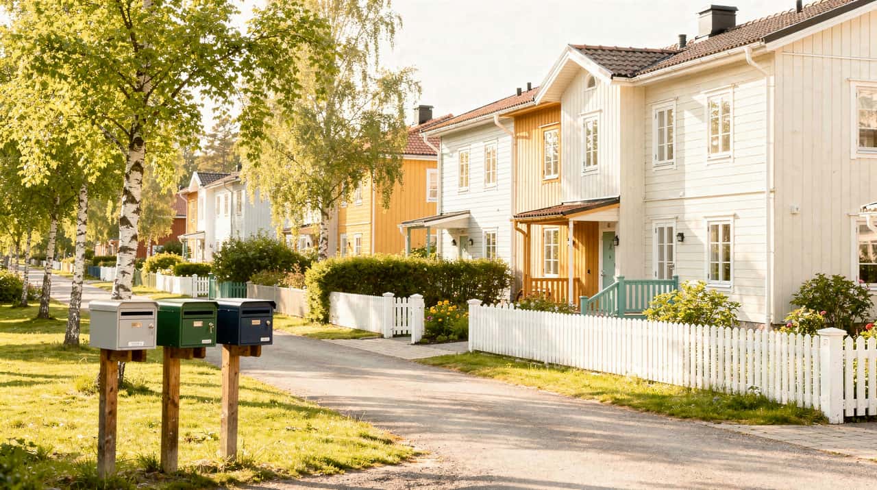 En ljus svensk villagata i morgonljus med en rad trähus, låga staket och en klunga brevlådor längs vägen