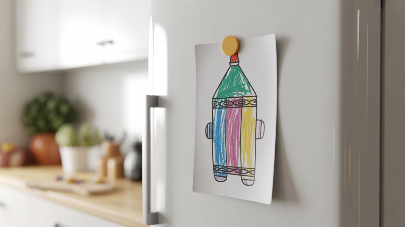 En färgglad barnteckning fastsatt med magnet på en kylskåpsdörr i ett ljust svenskt kök