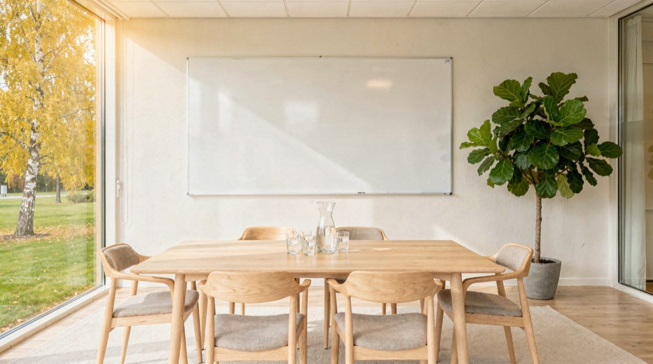 Ett ljust mötesrum i ett svenskt kommunhus med långt ekbord, stolar, vattenkaraff och höga fönster mot gula björkar
